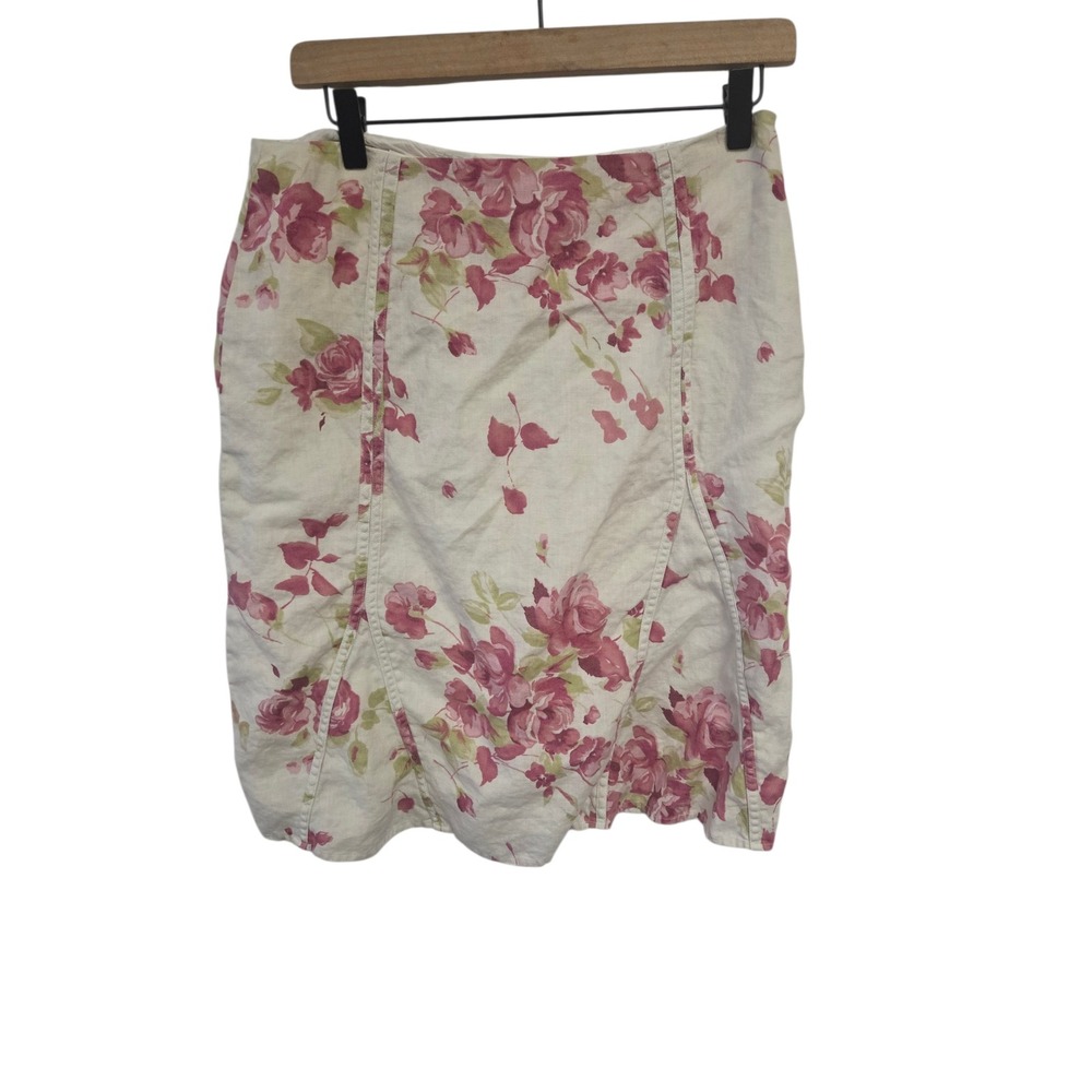 Deane & White Pink Floral Linen Skirt Size 8 Ivory Rose Cottagecore Midi